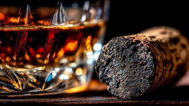 Close up of amber whiskey in crystal glass beside bottle cork on dark background