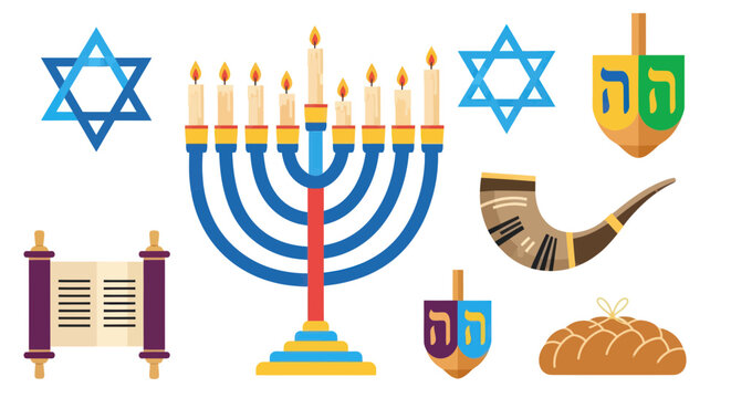 Hanukkah symbols: Menorah, dreidels, Star of David, Torah scroll, shofar, challah bread