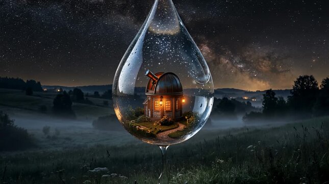 Surreal 3D render of a tiny antique observatory inside a giant crystal raindrop floating over a dark misty meadow at night, featuring a rotating telescope and glowing cinematic lantern light