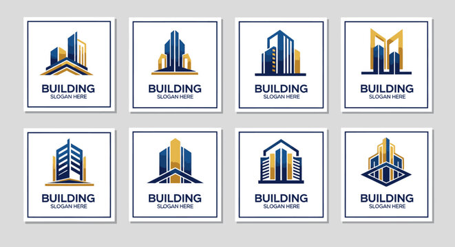 Modern building logos set abstract architectural designs in blue and gold
