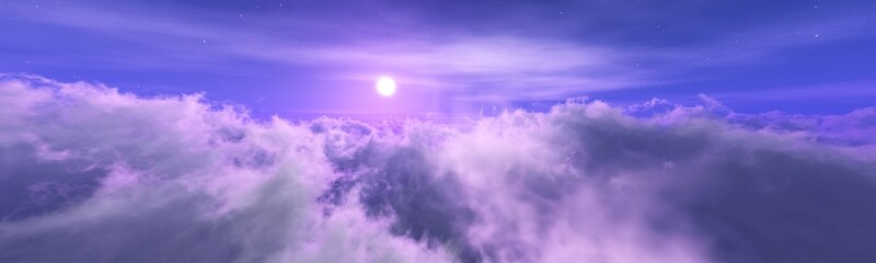 Obraz premium Beautiful landscape of clouds at sunrise top view, clouds under the setting sun, clouds panorama, 3d rendering