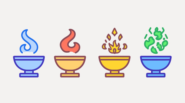 Four stylized icons depicting elements water, fire, another fire, and possibly plants, each in a bowl