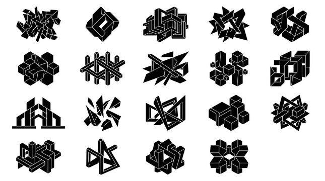 Black and White Abstract Geometric 3D Shapes Vector Icons Set for Modern Design  Technology