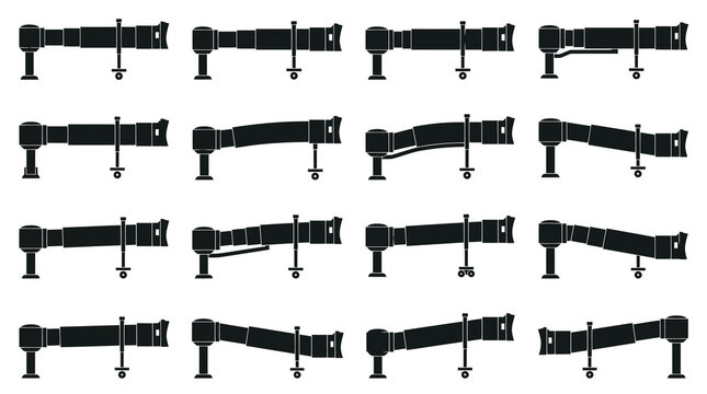Aviation Airport Passenger Boarding Bridge Jetway Glyph Icons Set. Airbridge Vector Silhouettes.