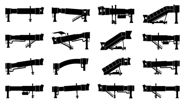 Aviation Airport Jet Bridge and Aircraft Stairs Silhouette Icons Vector Set