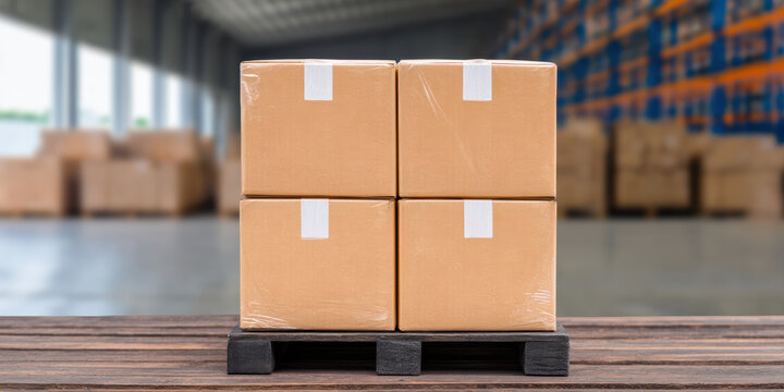 Four cardboard boxes stacked on a black pallet in a warehouse with shelves and more boxes in the background.