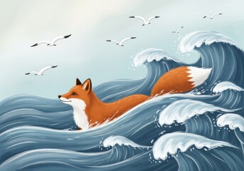 Fototapeta premium Red fox swims through turbulent ocean waves while seagulls fly overhead.