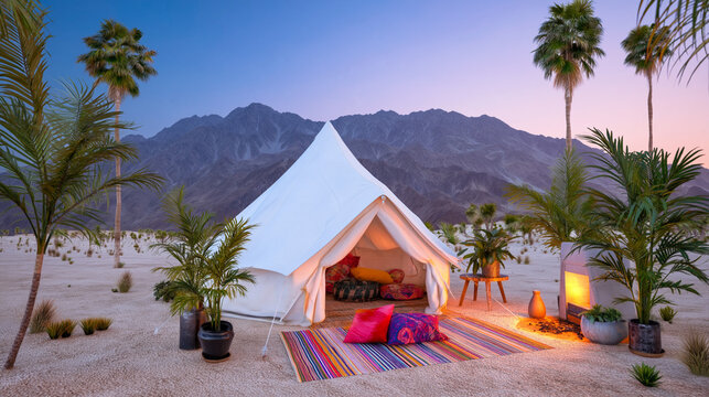 A luxurious desert glamping setup with a white tent and palm trees at dusk