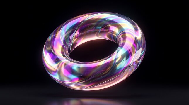 3D Abstract Iridescent Torus Shape with Holographic Reflection