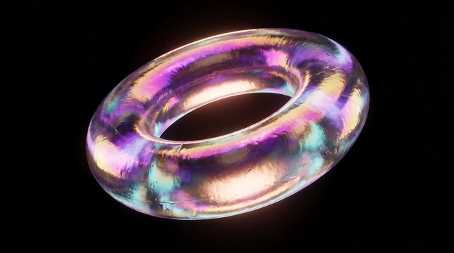 3D Iridescent Torus Shape with Holographic Texture Isolated on Black