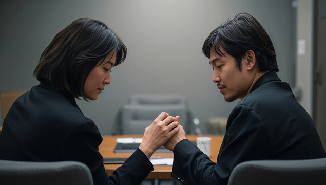大人の俳優同士が結果待ちで手を繋ぎ支え合うオーディション会場