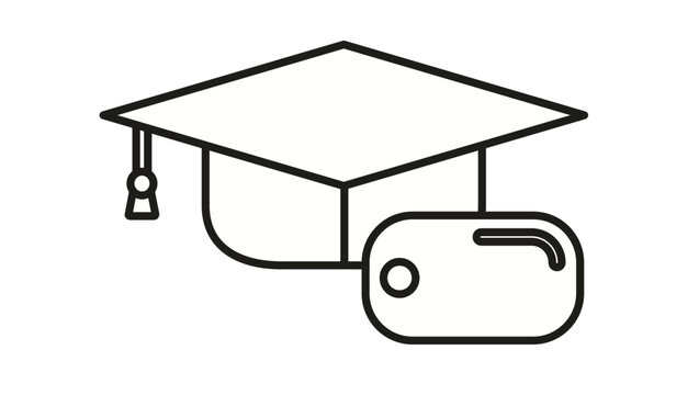 Minimalist black line art vector icon of a graduation mortarboard cap with a tassel and a military dog tag, representing veteran education, GI Bill benefits, and military student achievement.