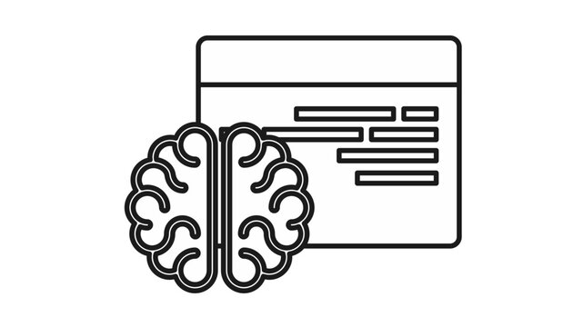 Artificial intelligence and machine learning vector icon illustration featuring a human brain symbol in front of a computer screen or code editor window, representing smart technology and data.