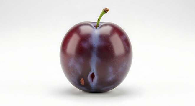 A ripe plum with a green stem on a plain white background