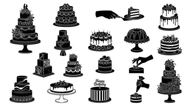 Food Industry Celebration Cakes and Dessert Silhouettes Vector Icon Collection