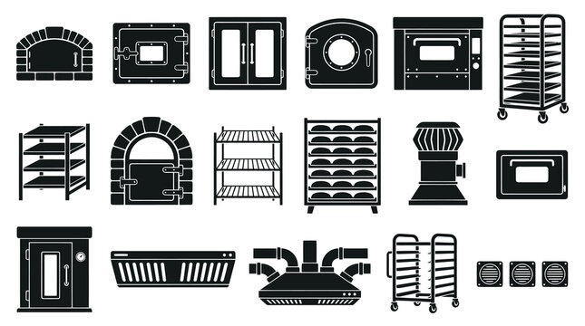 Bakery Equipment Glyph Icons Set - Commercial Ovens, Racks, and Ventilation