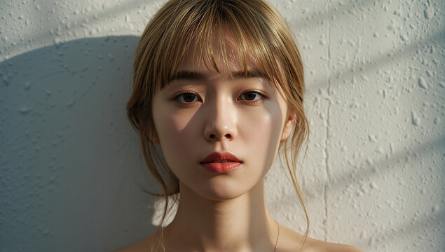 冬の柔らかな光に包まれて壁際に佇む金髪女性の肖像写真