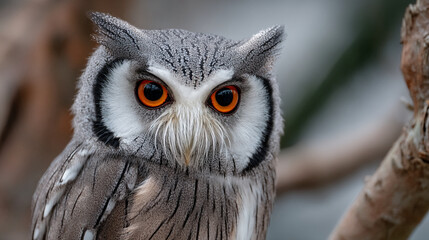 Obraz premium Close-up of a southern white-faced owl with striking orange eyes and detailed feather