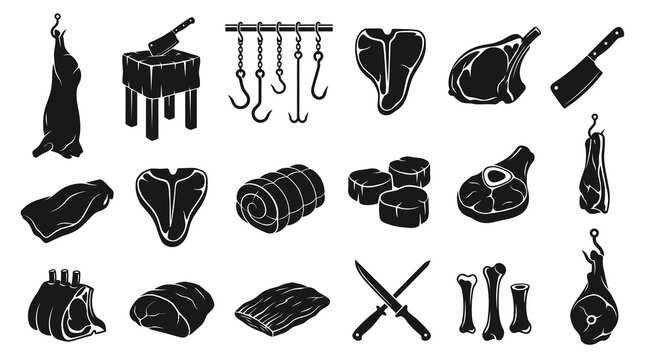 Butcher icons: meat cuts, knives, hooks, bones, Black  White Glyph art