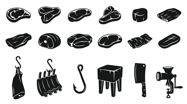 Black  White Glyph Icons of Meat Products and Butchery Tools