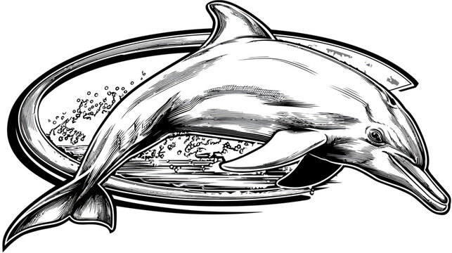 A monochrome, detailed illustration of a dolphin leaping inside a textured circular frame
