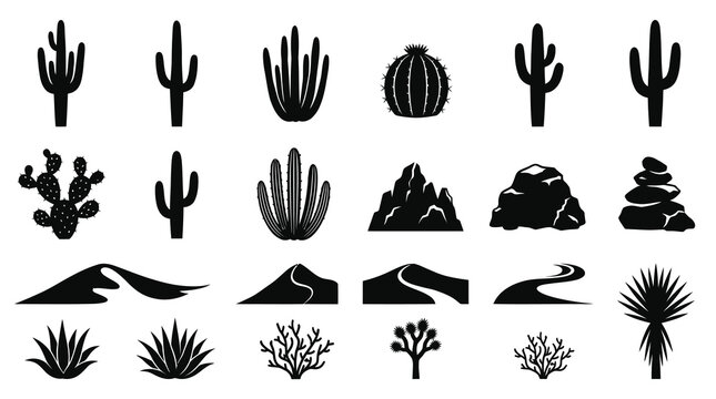 Desert Icons: Black  White Cactus, Rock, Dune, Plant Silhouettes