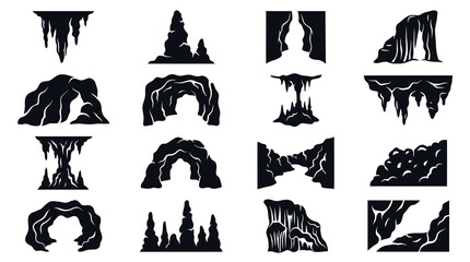 Obraz premium Black and White Cave Silhouettes Vector Icon Set
