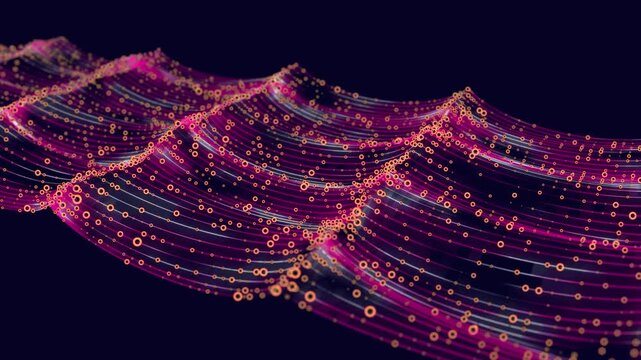 Abstract digital data stream in big data quantum computing. Concept for tech information transmission in cyberspace with particles on waves.