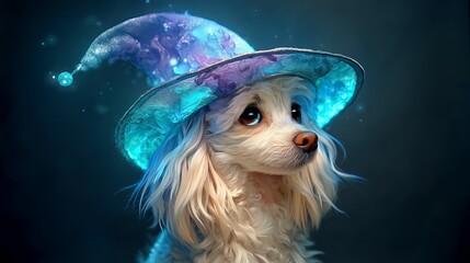 Naklejka premium Mystical toy poodle wearing a blue wizard hat in a dark magical atmosphere with glowing lights for fantasy themes watercolor clipart illustration style for nursery wall art