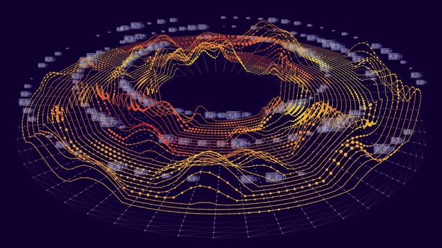 Abstract digital technology disk. Circles data noise motion flow. Futuristic circular infographic wave. Big Data. 3D visualization VR cyberspace. Cryptocurrency and technology concept.