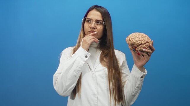 Woman holding brain model, hand to chin thinking pose in studio; science curiosity contemplation analysis.