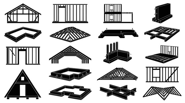 Black and white line art construction framing and building elements