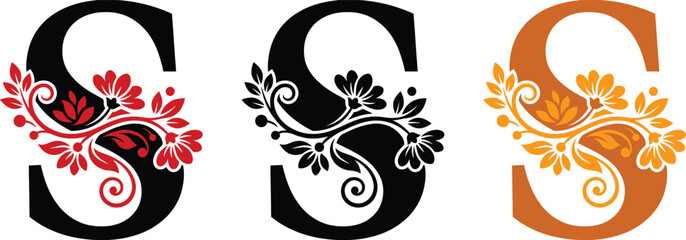Ornate Floral Monogram Letter S with Swirl and Leaf Design in Three Color Styles © celebritynews