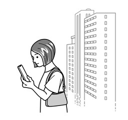 外出先でスマホを操作する若い女性 横向き 上半身 ビル背景 線画 © sayuri_k
