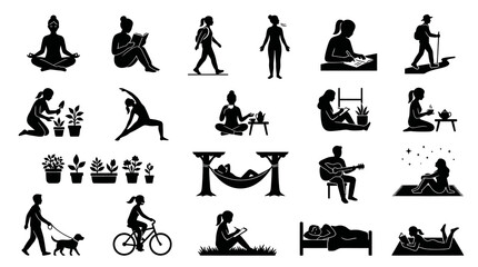 Obraz premium Diverse Lifestyle Icons: Yoga, Reading, Hiking, Gardening, Music, Relaxation