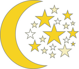 Fototapeta premium A bright yellow crescent moon surrounded by a cluster of twinkling yellow and white stars of various sizes. Symbol of night sky, dreams, magic, and wonder.
