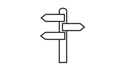 Minimalist black outline vector icon of a directional signpost with three arrow-shaped boards pointing in different directions, symbol for choice, navigation, travel, and decision making. © MDRasel