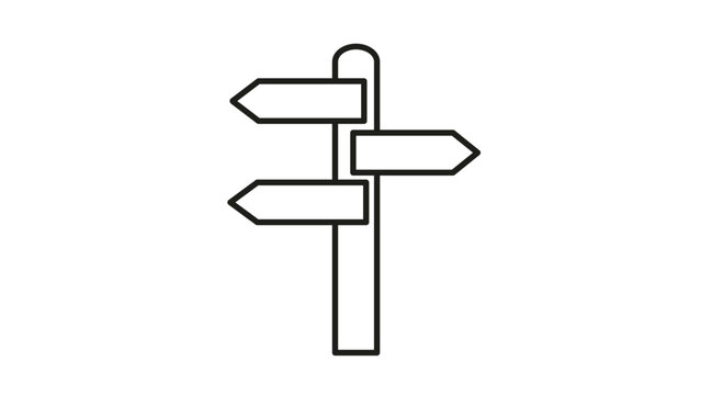 Minimalist black outline vector icon of a directional signpost with three arrow-shaped boards pointing in different directions, symbol for choice, navigation, travel, and decision making.
