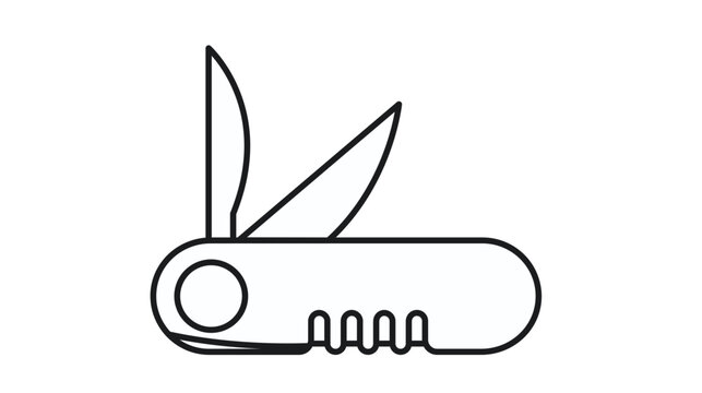 Minimalist black line art vector icon of a Swiss Army knife multi-tool with two open blades and a corkscrew, isolated on white. Versatile pocket knife illustration for camping and survival gear.