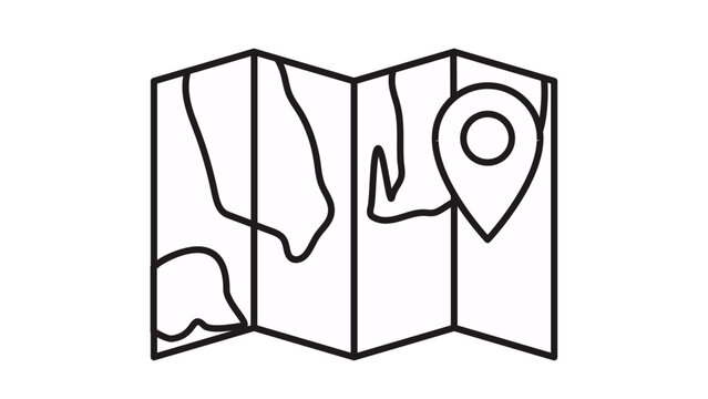 Folded paper map vector icon with a location pin marker. Minimalist black line art illustration of a navigation guide for travel, tourism, and finding directions on a white background.