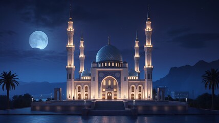 Fototapeta premium A serene nighttime photograph of a majestic mosque with minarets under a full moon.