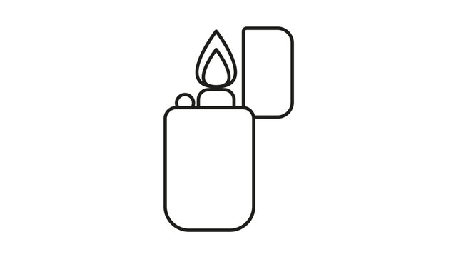 Minimalist black line art vector icon of a classic flip-top metal lighter with a burning flame, isolated on a white background. Simple outline illustration for smoking, fire, and heat concepts.