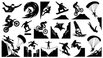 Naklejka premium Extreme Sports Icons: Silhouette Action Vector Set