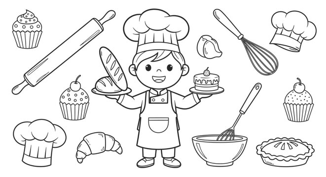Cute Cartoon Chef Kid with Baking Tools and Pastries - Line Art Illustration