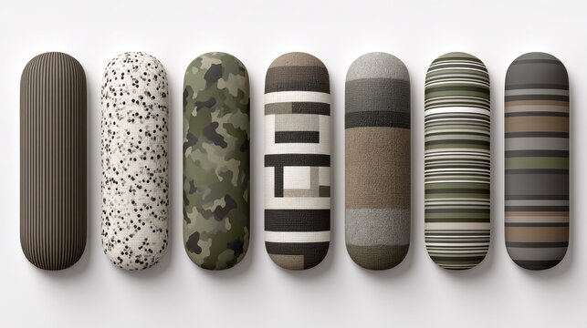 Seven distinct patterned, rounded rectangular objects stand in a row against a light background.
