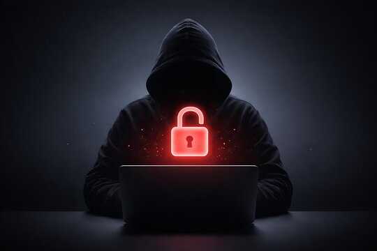 Cybersecurity Threat Concept with Anonymous Hacker Breaking Digital Lock &ndash; Data Breach, Encryption Failure, and Network Attack Visualization