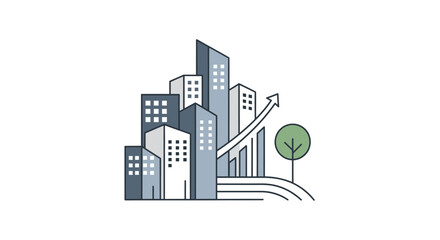 Fototapeta premium Modern cityscape illustration with growing arrow and tree on white background