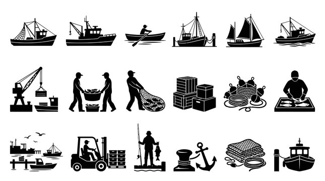 Fishing Industry Icons: Boats, Nets, Fishermen, Cargo, Seafood, Crane, Anchor