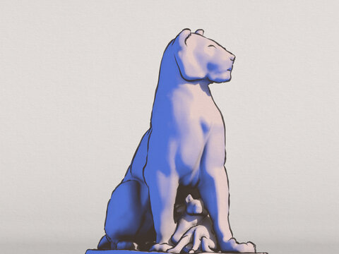 Stylized illustration of sculpture of a wolf with pups.