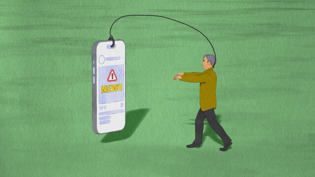 Illustration of a man chasing news as a bait on a smartphone.